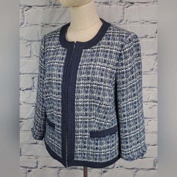 Robert Talbott Petite Women's Tweed Jacket Chambray Trim Blazer Navy Size 12P - Picture 12 of 16